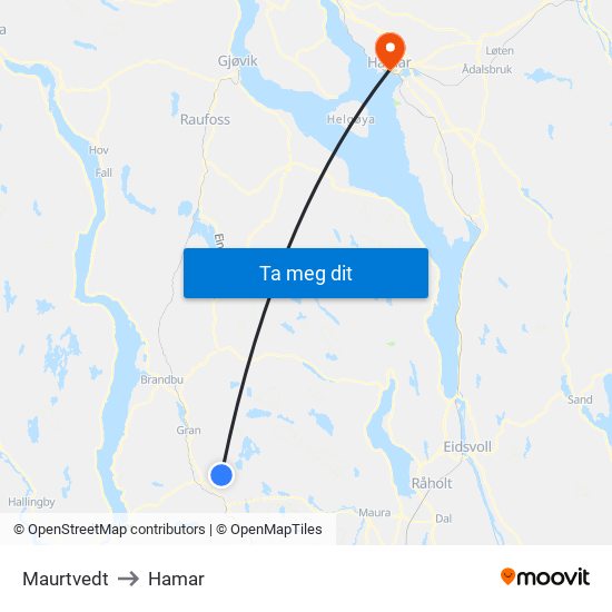 Maurtvedt to Hamar map