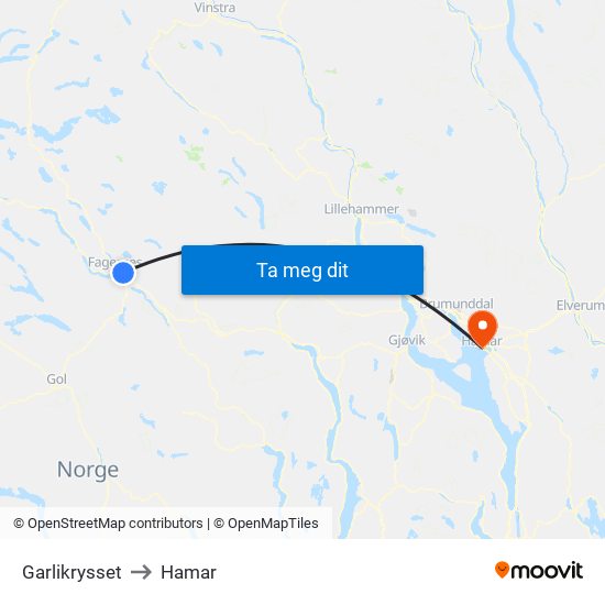 Garlikrysset to Hamar map