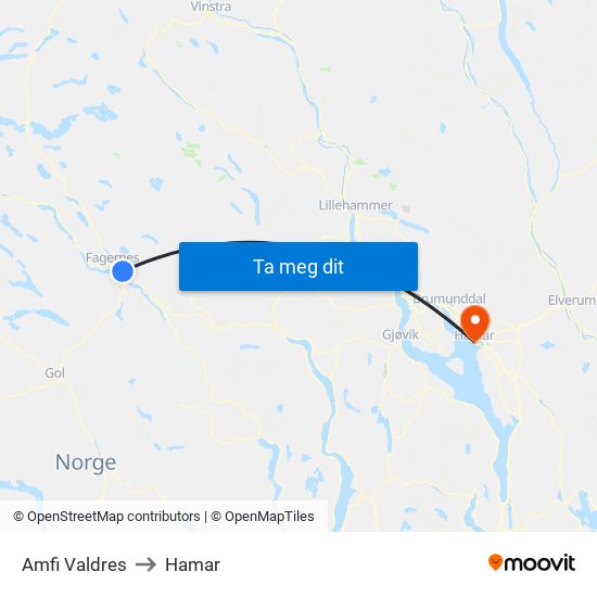 Amfi Valdres to Hamar map