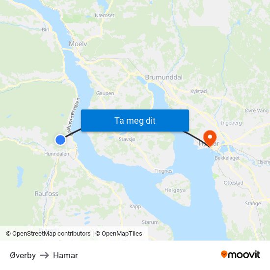 Øverby to Hamar map