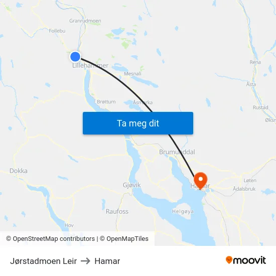 Jørstadmoen Leir to Hamar map