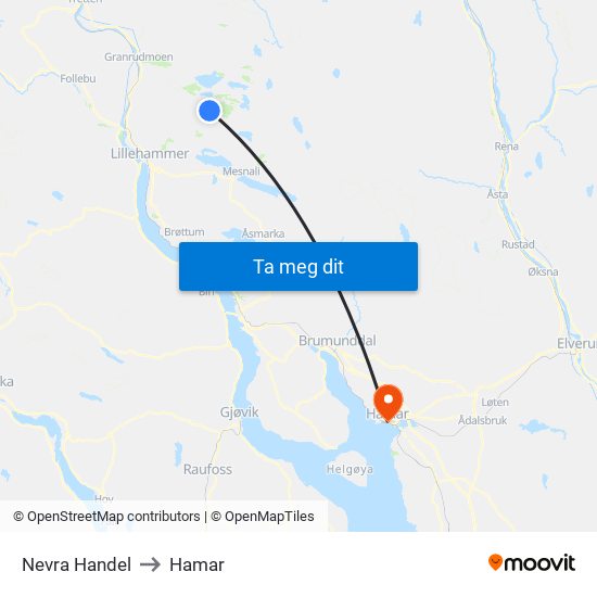 Nevra Handel to Hamar map