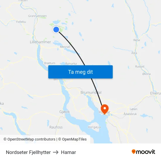 Nordseter Fjellhytter to Hamar map