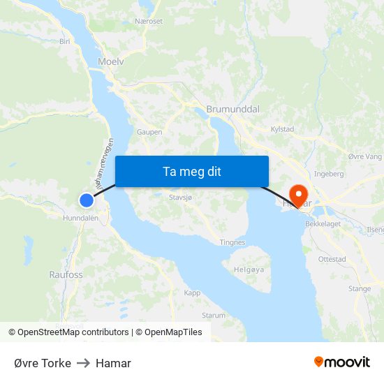 Øvre Torke to Hamar map
