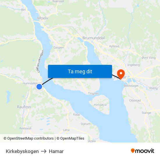 Kirkebyskogen to Hamar map