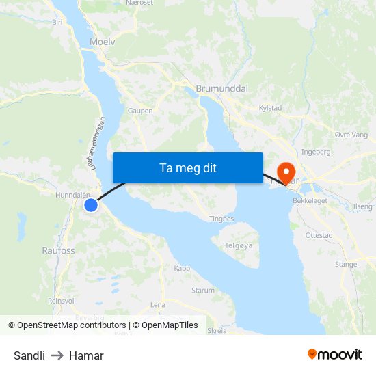 Sandli to Hamar map