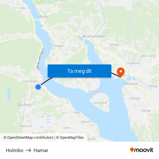 Holmbo to Hamar map