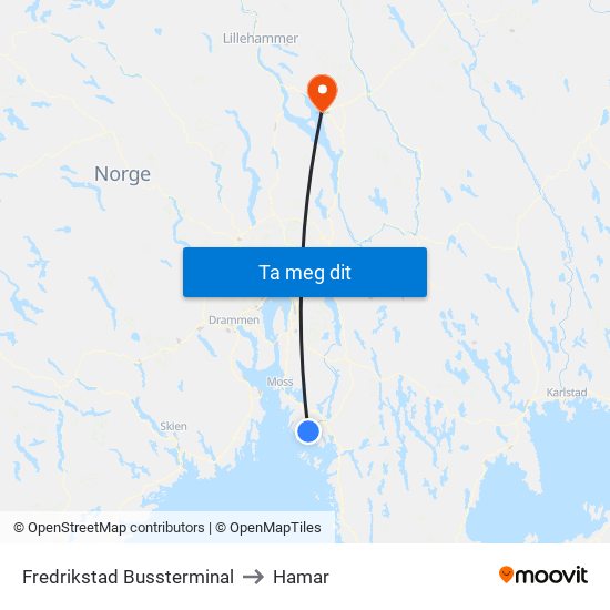 Fredrikstad Bussterminal to Hamar map