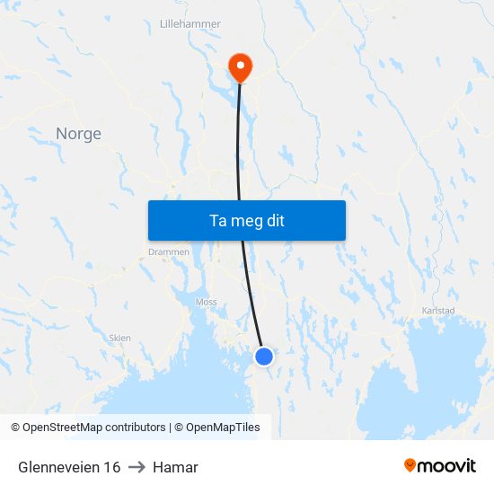 Glenneveien 16 to Hamar map