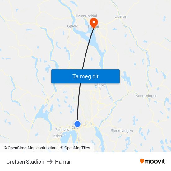 Grefsen Stadion to Hamar map