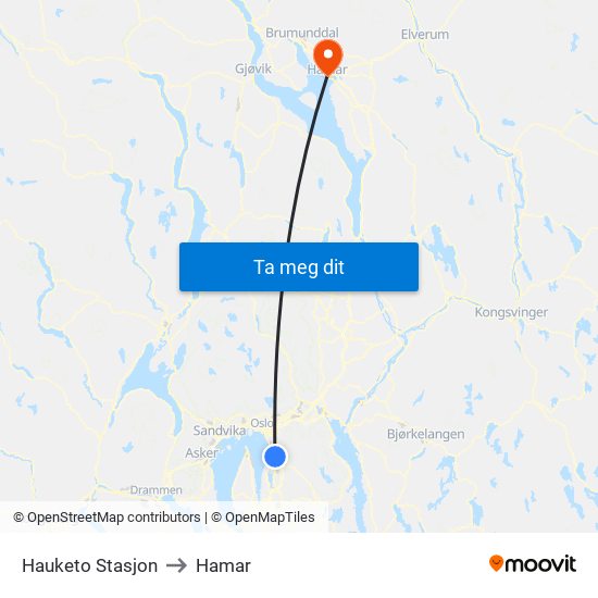 Hauketo Stasjon to Hamar map