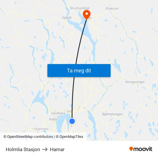 Holmlia Stasjon to Hamar map