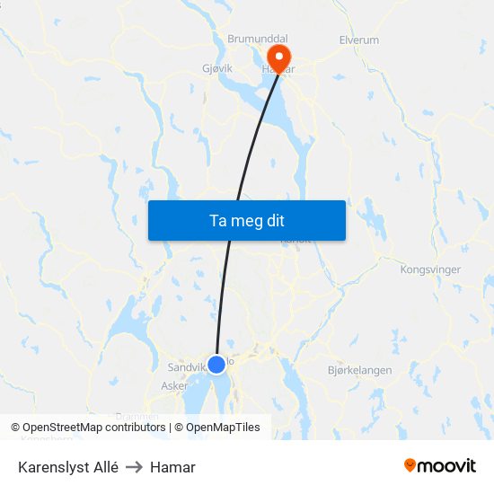 Karenslyst Allé to Hamar map
