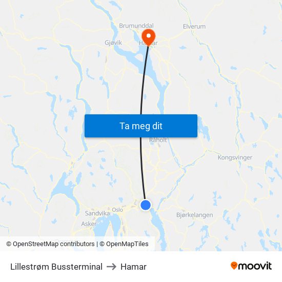 Lillestrøm Bussterminal to Hamar map