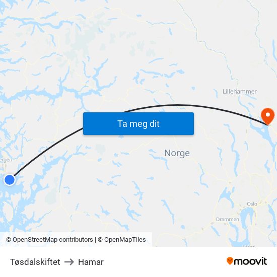 Tøsdalskiftet to Hamar map