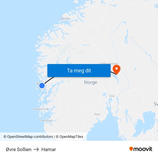 Øvre Sollien to Hamar map