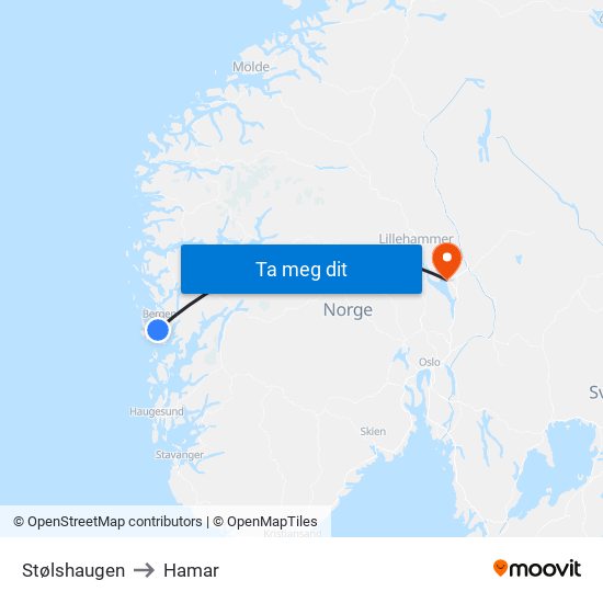 Stølshaugen to Hamar map