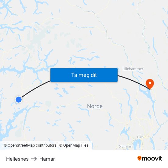 Hellesnes to Hamar map