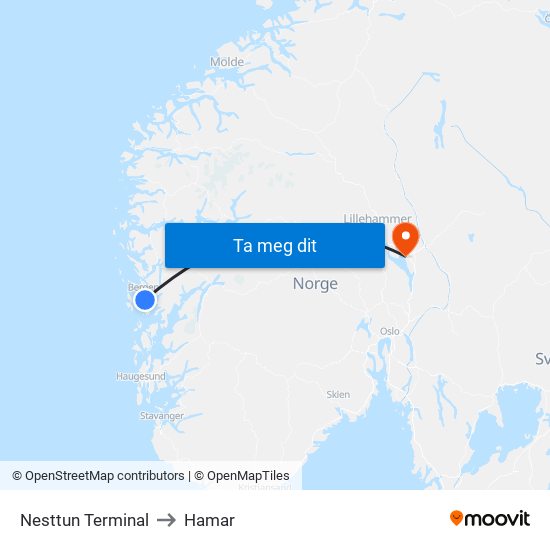Nesttun Terminal to Hamar map