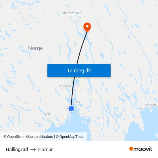 Hallingrød to Hamar map