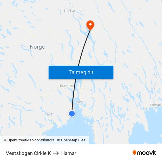 Vestskogen Cirkle K to Hamar map