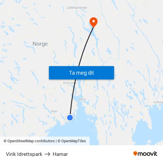 Virik Idrettspark to Hamar map