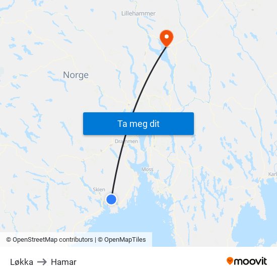 Løkka to Hamar map