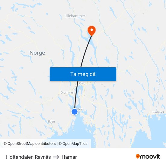 Holtandalen Ravnås to Hamar map