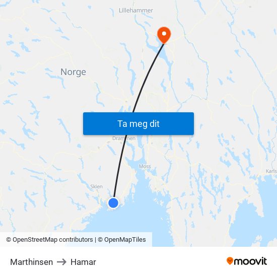 Marthinsen to Hamar map