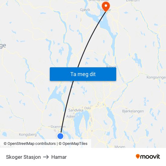 Skoger Stasjon to Hamar map