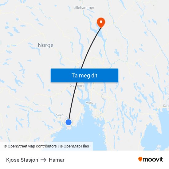 Kjose Stasjon to Hamar map