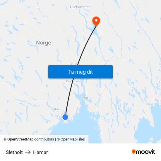 Sletholt to Hamar map