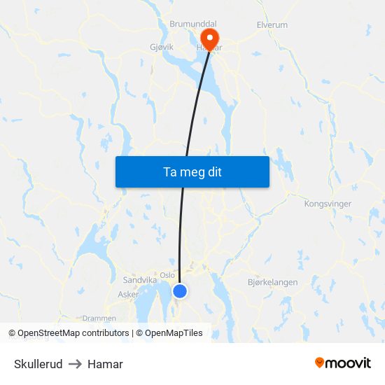 Skullerud to Hamar map