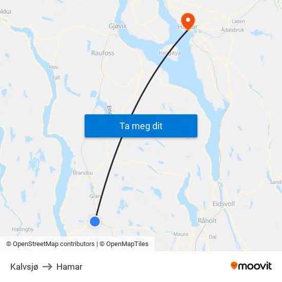 Kalvsjø to Hamar map