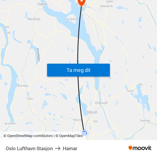 Oslo Lufthavn Stasjon to Hamar map