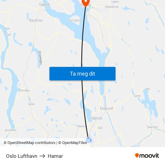 Oslo Lufthavn to Hamar map