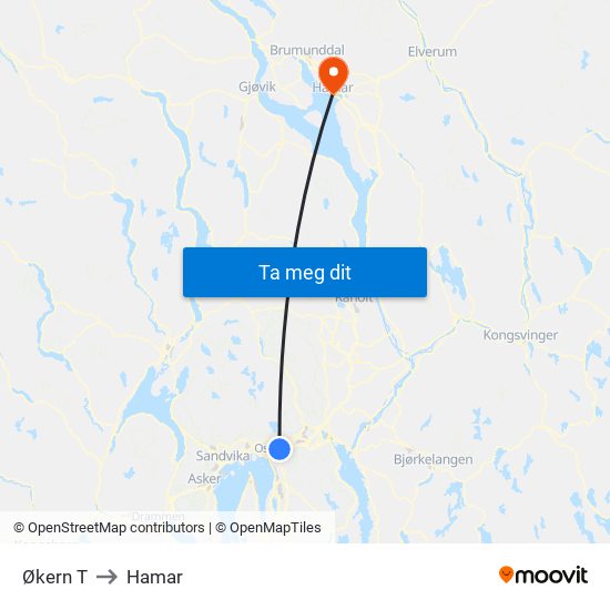 Økern T to Hamar map