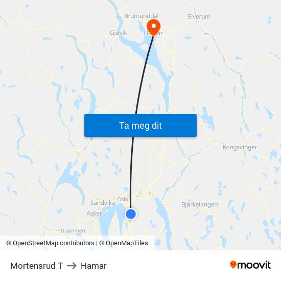 Mortensrud T to Hamar map