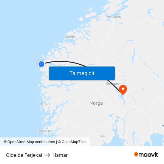Oldeide Ferjekai to Hamar map