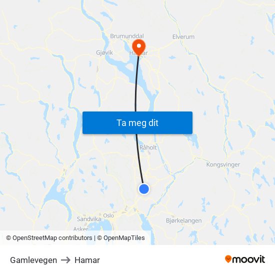 Gamlevegen to Hamar map