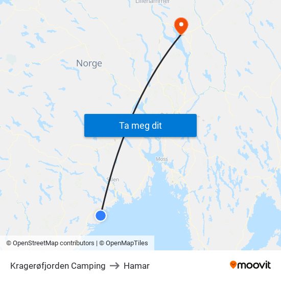 Kragerøfjorden Camping to Hamar map