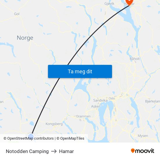 Notodden Camping to Hamar map