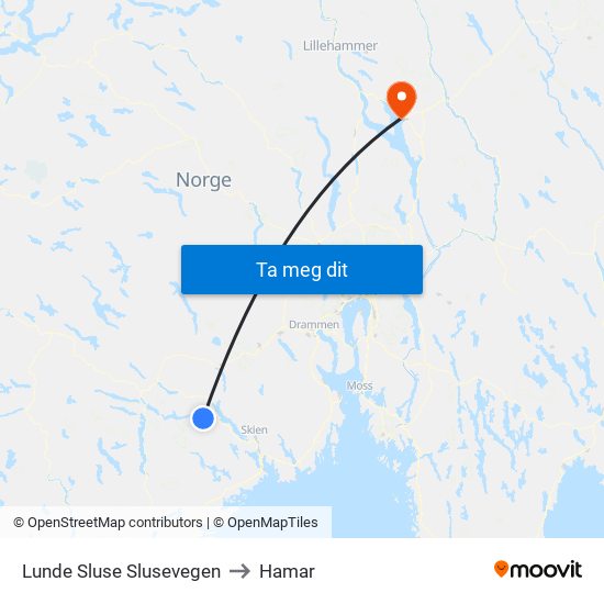 Lunde Sluse Slusevegen to Hamar map