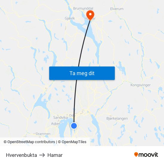 Hvervenbukta to Hamar map