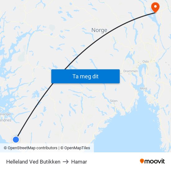 Helleland Ved Butikken to Hamar map