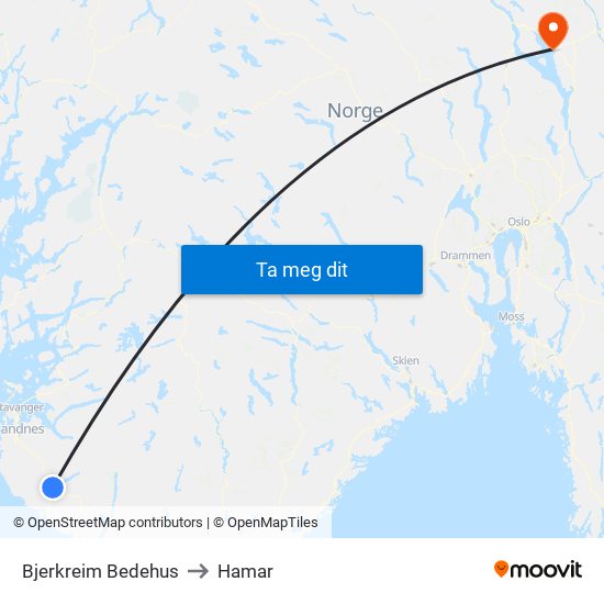 Bjerkreim Bedehus to Hamar map