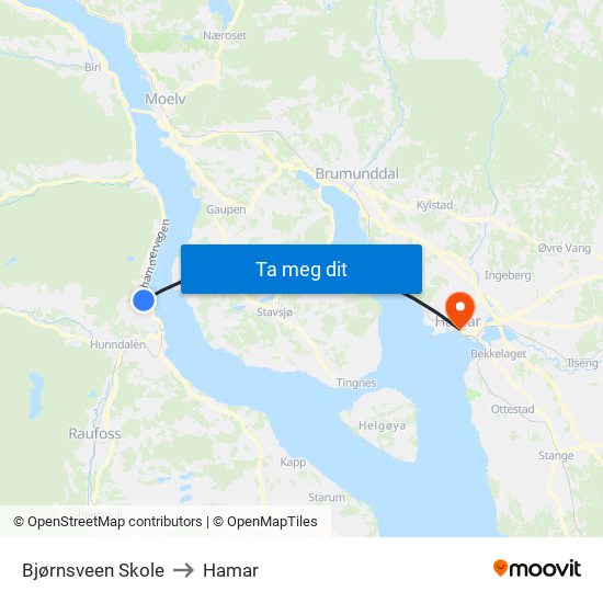 Bjørnsveen Skole to Hamar map