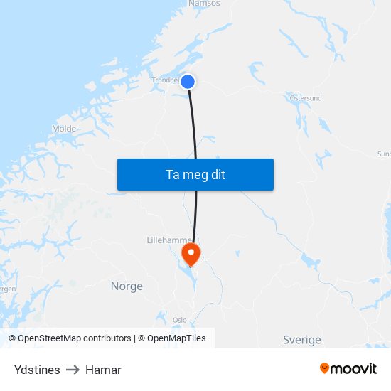 Ydstines to Hamar map