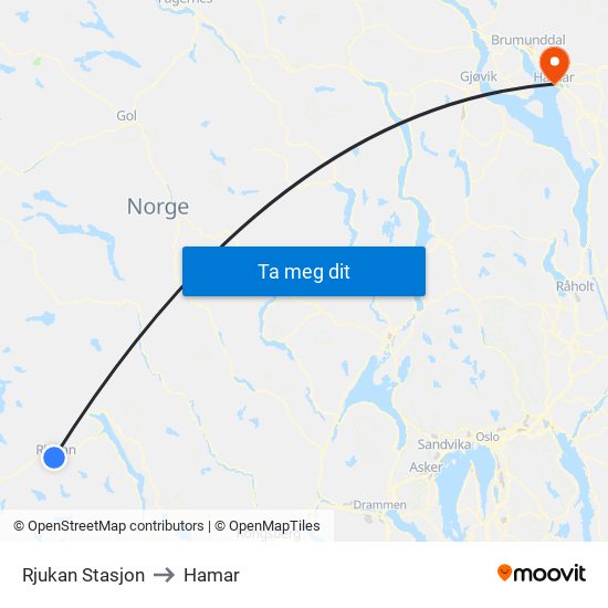 Rjukan Stasjon to Hamar map