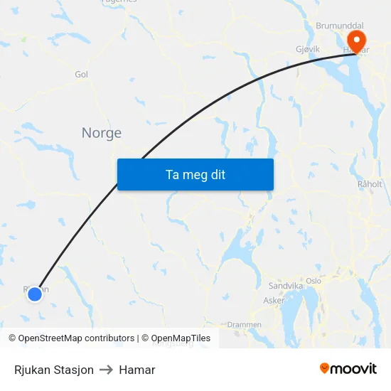 Rjukan Stasjon to Hamar map